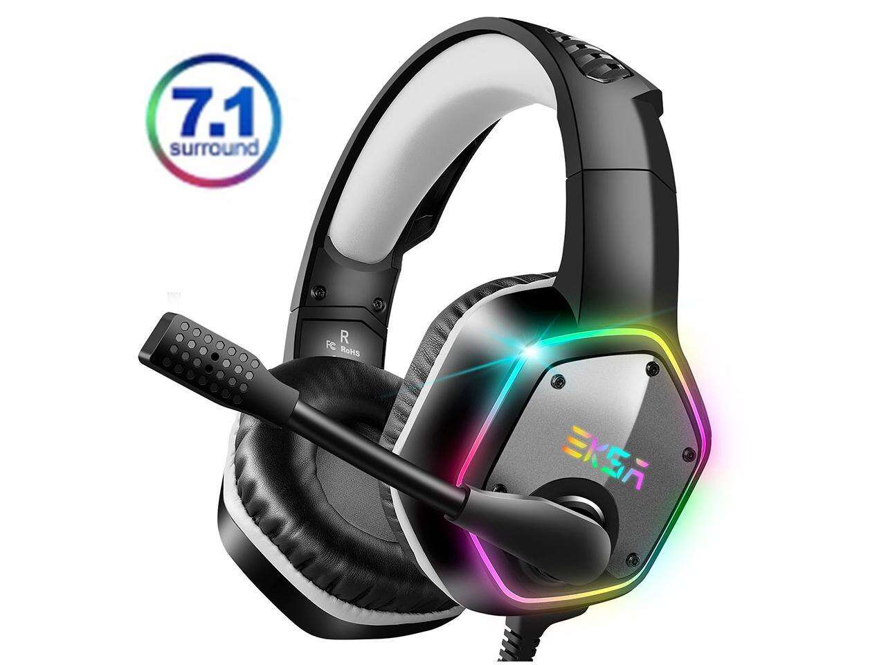 EKSA E1000 Gaming Headset 7.1 Virtual Surround Gaming Headphones Wired USB Earphone With LED RGB Light Mic For Computer/PC/PS4 Gray/Green